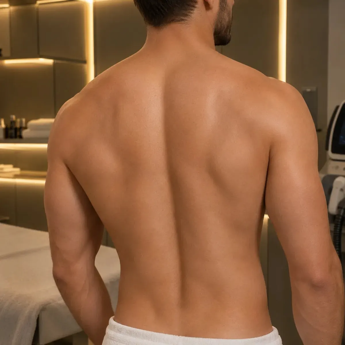 Costas masculinas com pele lisa em sala de clínica com luz dourada