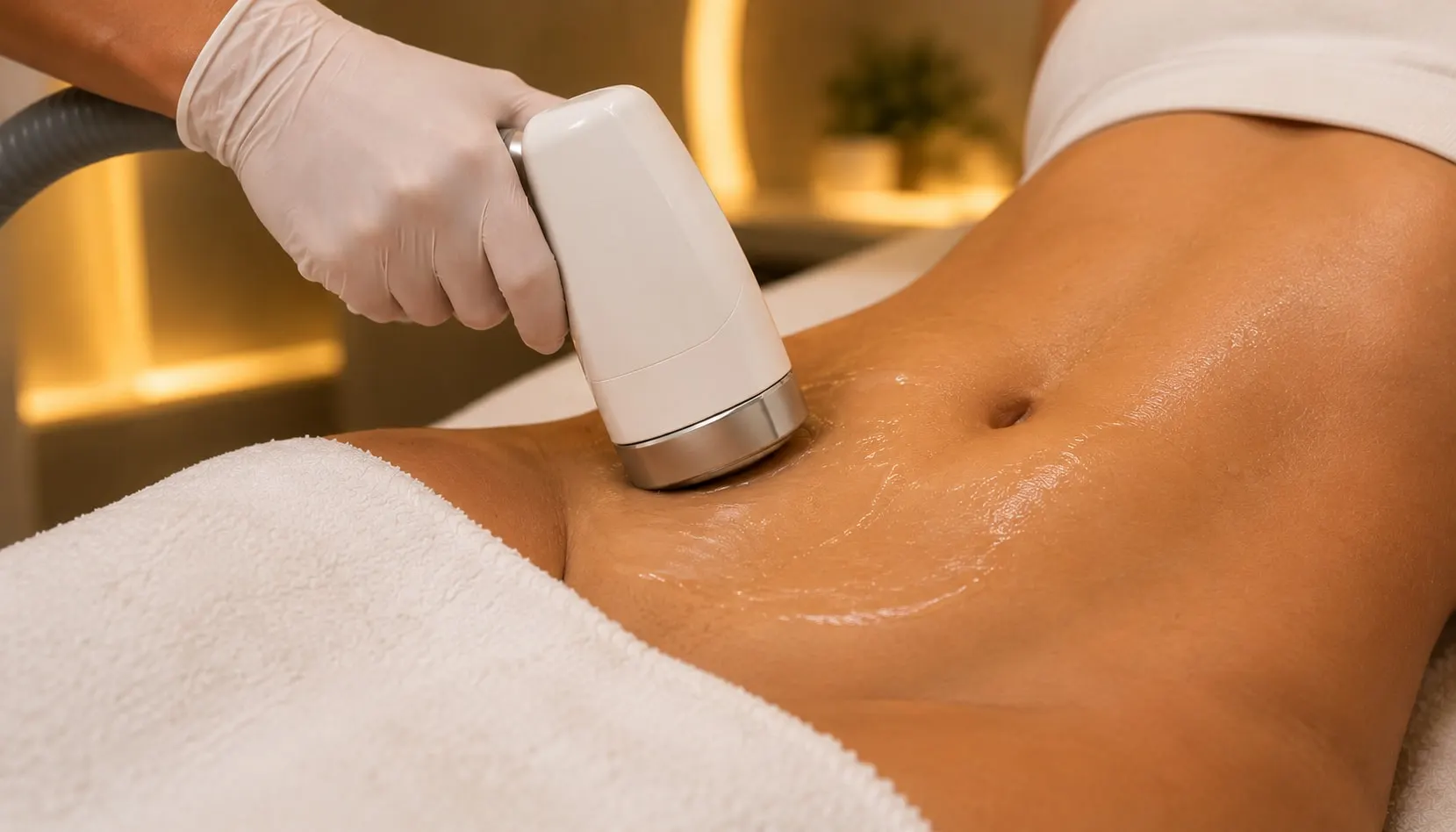 Profissional realizando procedimento de estética corporal na região do abdômen