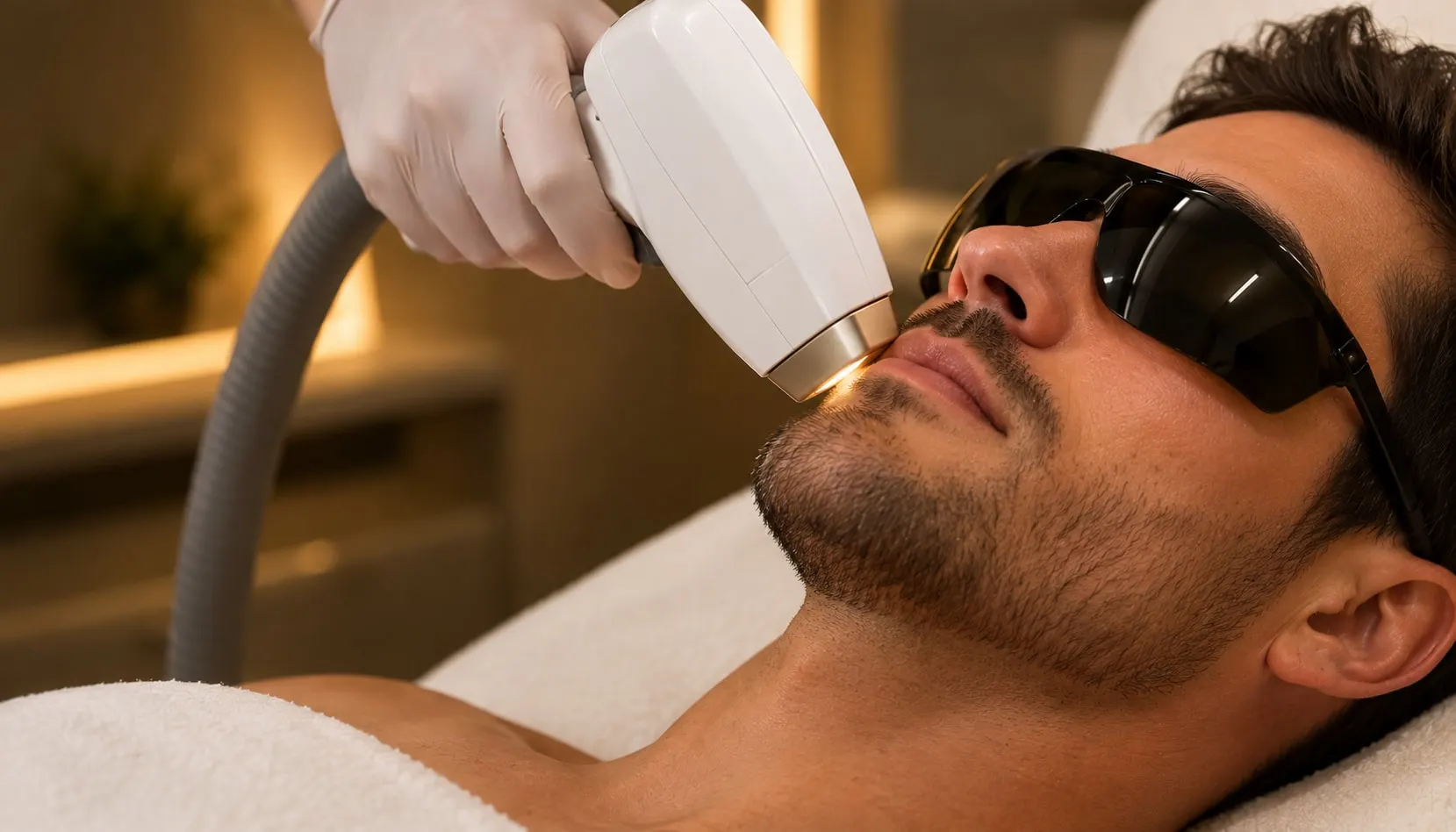 Homem com óculos de proteção recebendo procedimento facial com ponteira de laser