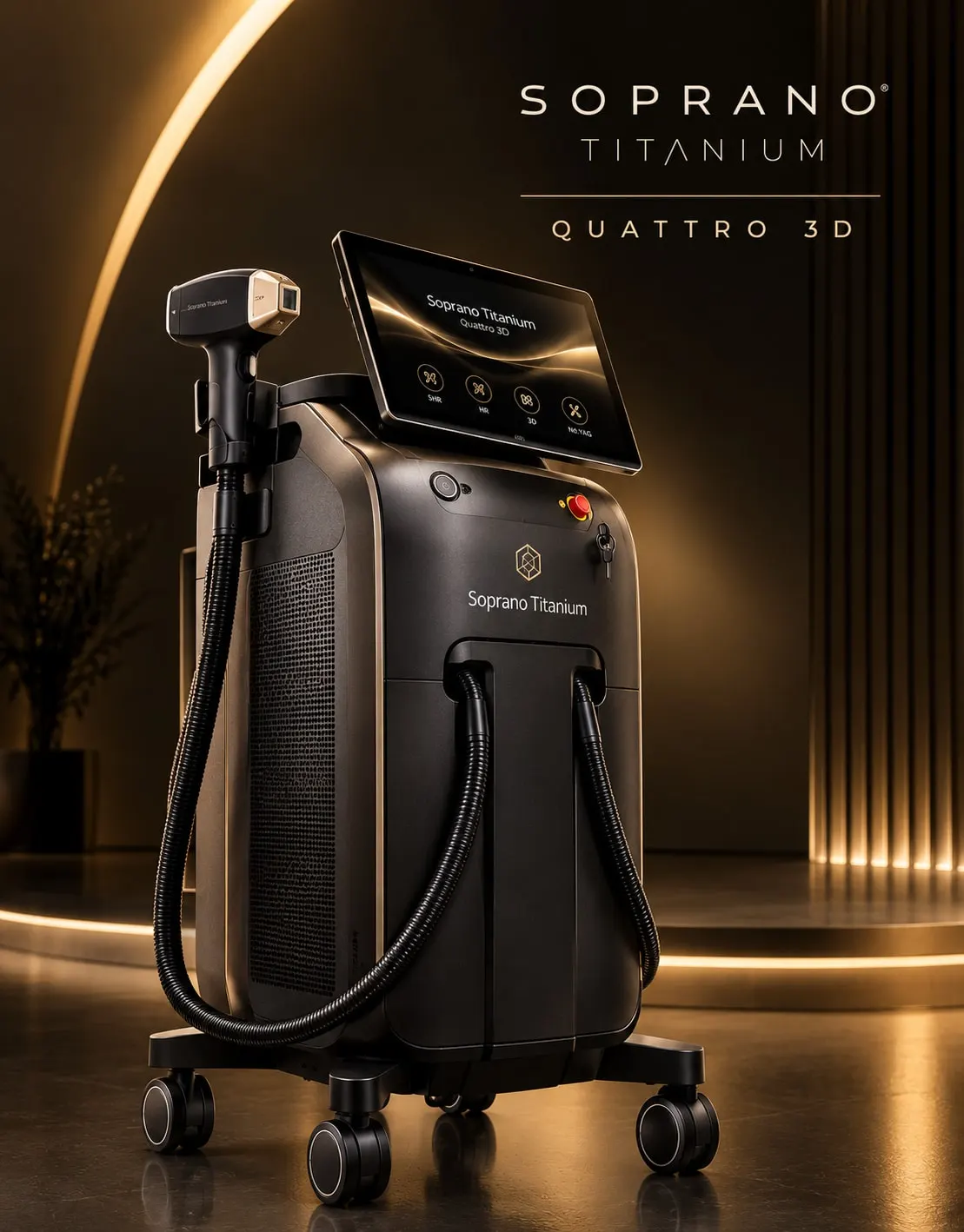 Equipamento de depilação a laser Soprano Titanium Quattro 3D em ambiente com iluminação dourada