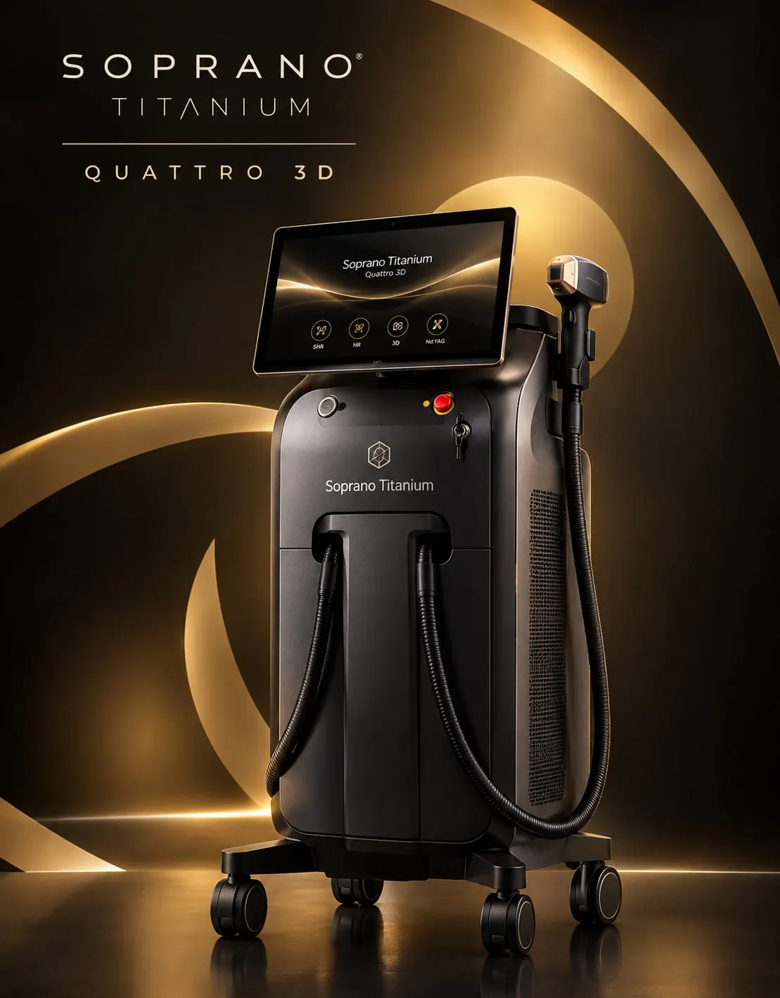 Equipamento Soprano Titanium Quattro 3D com iluminação dourada
